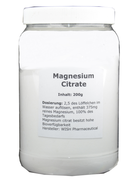 Magnesium Citrate, 200g - sehr hohe Aufnahme, für starke Nerven, guten Stoffwechsel, beim Abnehmen, gegen Schmerzen, Gefäßablagerungen, hohen Blutdruck, Haarausfall, Hämorrhoiden, Nierensteine